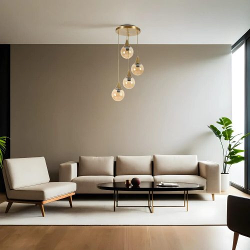 Elegáns borostyán és arany csillár, fém test, 30 cm átmérő, állítható magasság 70 cm, E27 aljzat Max 40W, IP20 | Tökéletes a modern dekorációhoz és hangulathoz