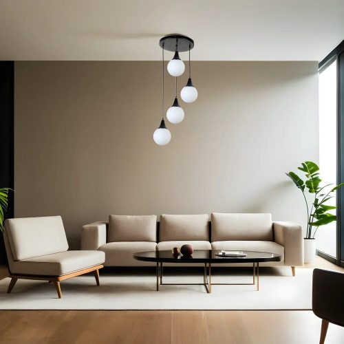 Elegáns fekete-fehér csillár, fém test, állítható magasság 70 cm, átmérő 30 cm, E27 aljzat max. 40 W, stílusos világítás modern terekbe
