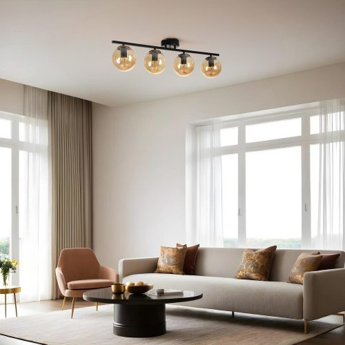 Elegáns fekete-borostyán csillár, fém test, 15 cm átmérő, 20 cm magasság, 75 cm hosszúság, E27 aljzat, max 40W, IP20 | Modern terekbe tökéletes