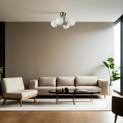 Elegáns fémcsillár üvegsapkával, 40 cm átmérő, 30 cm magasság | E27 aljzat, max 40W | Fehér és arany kivitel | Tökéletes modern enteriőrbe