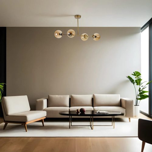 Elegáns borostyán és arany csillár, fém test, 90 cm hosszú, 15 cm sapka átmérő, E27 foglalat, 65 cm magasság | Stílusos világítás modern terekhez, IP20 besorolású