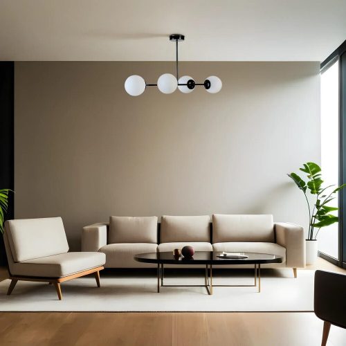 Elegáns fekete-fehér csillár, fém test, 90 cm hosszúság, 65 cm magasság, E27 aljzat, max 40W, IP20 | Tökéletes modern lakóterekbe és étkezőkbe