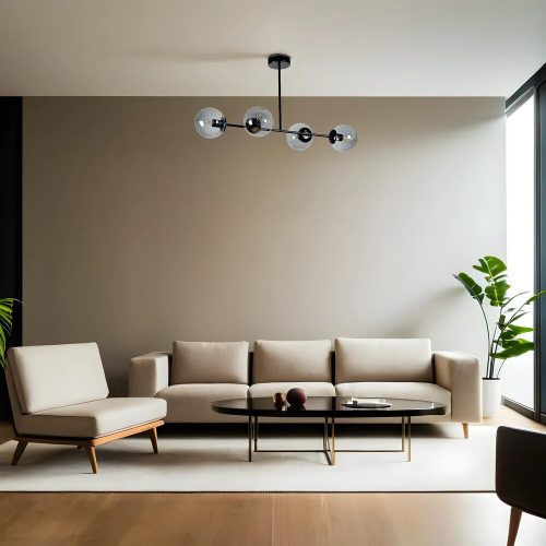 Elegáns fémcsillár, fekete és füstölő, 90 cm hosszú, 15 cm sapka átmérő, E27 aljzat, max 40 W, 220-240 V, stílusos világítás modern terekbe
