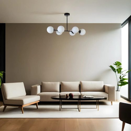 Elegáns fekete-fehér csillár, fém test, 90 cm hosszúság, 65 cm magasság, E27 aljzat, max 40W, IP20 | Tökéletes modern lakóterekbe és étkezőkbe
