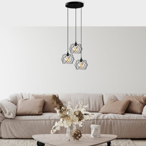 Ipari csillár, fekete fém, 54 cm átmérő, állítható magasság 30-120 cm, 3 x E27 Max 40 W, stílusos világítás modern terekbe