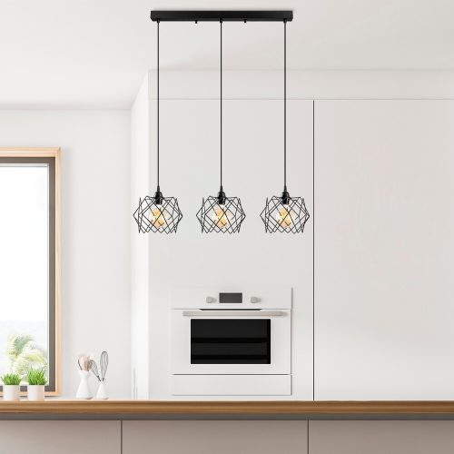Ipari csillár, fekete fém test, állítható magasság 30-120 cm, 98 x 24 cm, 3 x E27 Max 40 W, Elegáns kialakítás modern terekhez, IP20