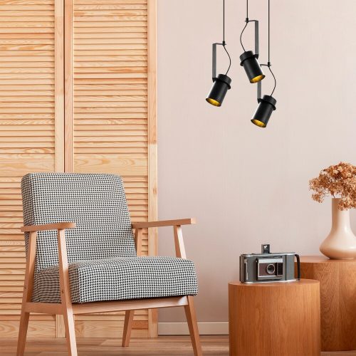 Ipari fekete csillár, fém test, 40 x 40 cm, magasság 126 cm, állítható, 3 x E27 Max 40W, IP20 | Tökéletes modern lakberendezéshez és világításhoz