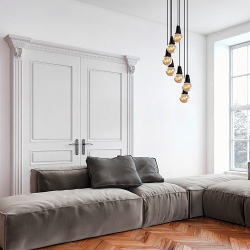 Ipari csillár, Fekete fém test, 50 x 50 cm, állítható magasság 24-104 cm, 7 x E27 Max 40W, IP20 | Modern egyszerű dizájn otthonra és irodára