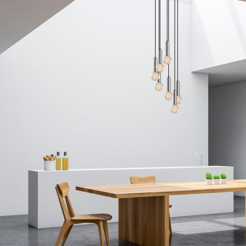 Elegáns skandináv csillár, ezüst fém test, 40 x 40 cm, magasság 136 cm, állítható, 7 x E27 Max 40 W, tökéletes modern enteriőrbe