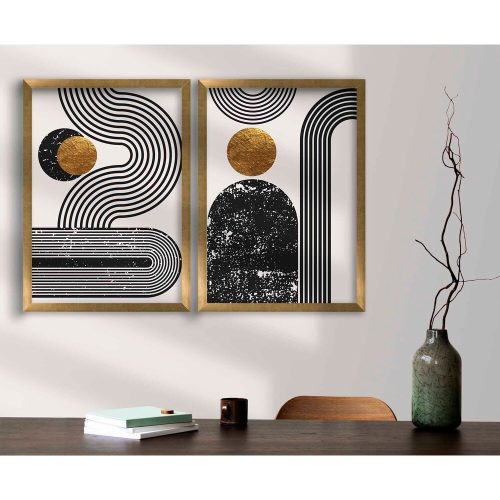 Elegáns dekoratív keretes MDF festmények (2 db), 38 x 53 cm | 100% MDF és fa keret | Arany, fehér és fekete színek | Tökéletes otthoni dekorációhoz