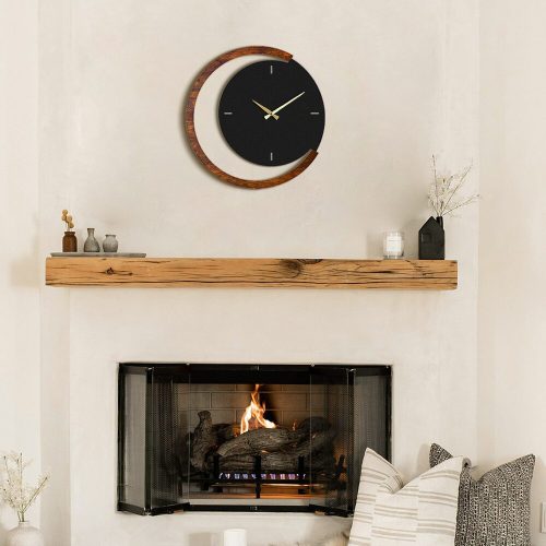 Elegáns dekoratív fém falióra, 48 x 48 cm | 100% acél és fa keret | Csendes mechanizmus | Fekete és dió | Tökéletes otthoni dekorációhoz