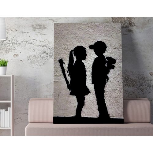 Lenyűgöző Banksy dekoratív vászonfestmény, 50 x 70 cm, 50% pamut/50% poliészter, digitális nyomtatás vászonra, 2 x 3 cm-es fakerettel keretezve, tökéletes a modern dekorációhoz