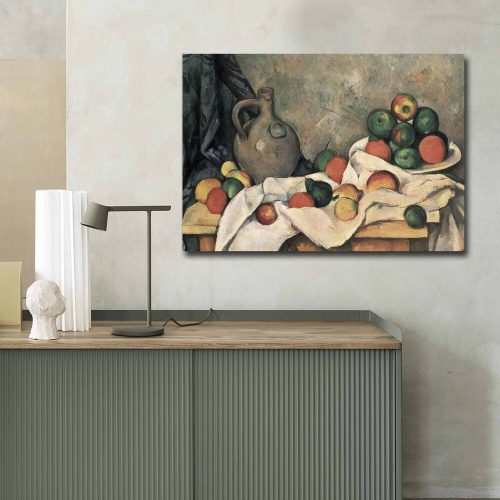 Paul Cézanne dekoratív vászonfestmény, „Rideau, Cruchon et Compotier” | 70 x 100 cm | 100% velúr vászon, 100% fa keret (3 cm) | Elegáns művészet lakberendezéshez