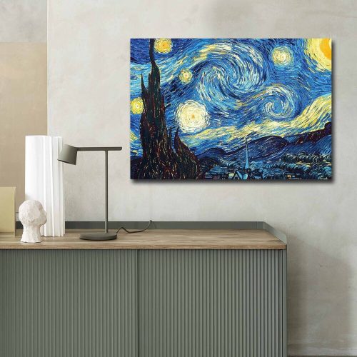 Vincent Van Gogh "A csillagos éjszaka" dekoratív vászonfestmény, 70 x 100 cm, 100% velúr vászon, 3 cm-es fakeret | Elegáns művészet lakberendezéshez