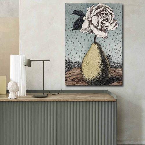 René Magritte dekoratív vászonfestmény, 'Les Moyens d'Existence' 1969, 70 x 100 cm, 100% velúr vászon, 3 cm-es fakeret | Elegáns művészet lakberendezéshez