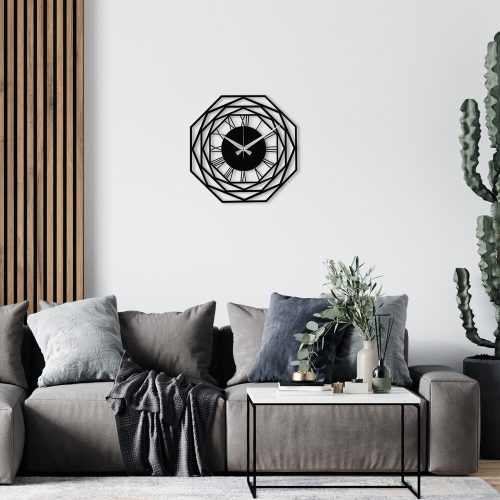 Elegáns fekete dekoratív fém falióra, 48 x 48 cm | 100% fém, 1,2 mm vastagság | 1 db AA elem szükséges (nem tartozék) | Stílusos lakberendezés