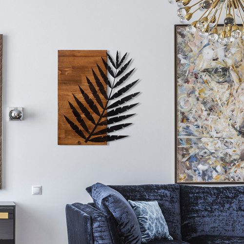 Elegáns dekoratív fa falkiegészítő, 50 x 58 cm | 100% fém váz (1,2 mm) és tömör fa (3 cm) | Stílusos fekete-dió dizájn otthoni dekorációhoz