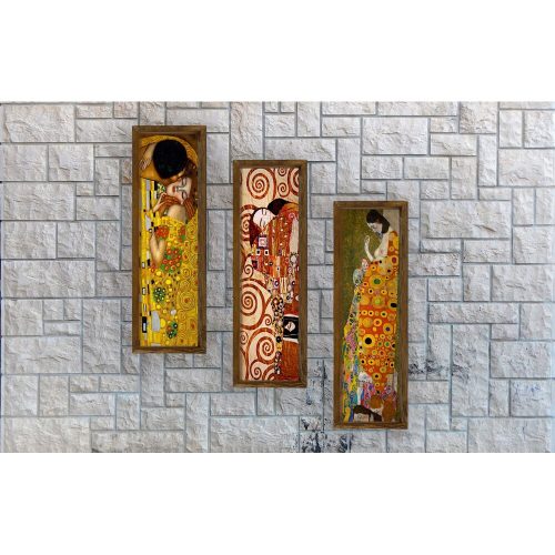 Elegáns Gustav Klimt dekoratív keretes MDF festmények (3 db), 19 x 70 cm | 100% MDF és fenyőfa keret | UV-nyomtatott művészet modern lakberendezéshez