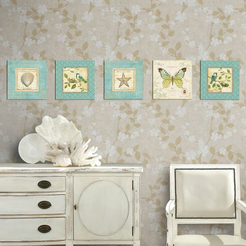 Elegáns dekoratív MDF festmények (5 db), 15 x 15 cm, kék, krém és zöld | 100% MDF, UV-nyomtatott, tökéletes lakberendezéshez és modern terekhez