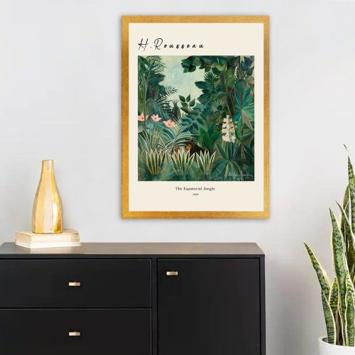 Henri Rousseau dekoratív keretes festménye "Az egyenlítői dzsungel", 55 x 75 cm | 100% fa keret, 2 cm polisztirol | UV digitális nyomtatás, élénk művészet