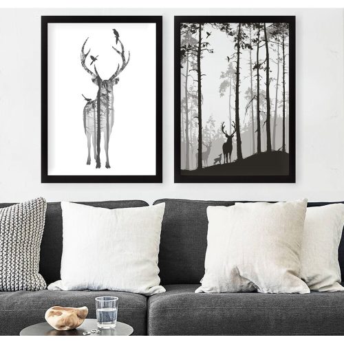 Elegáns dekoratív keretes festmények (2 db), 34 x 44 cm, fehér és fekete | 100% MDF, 2 cm Vastag | Stílusos falfestmény modern lakberendezéshez