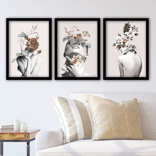 Elegáns dekoratív keretes festmények (3 db), 35 x 45 cm | 100% MDF, 2 cm Vastag | Stílusos falfestmény otthonra és irodára, névtelen művész