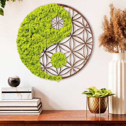 Kézzel készített dekoratív falkiegészítő, zöld és barna, 44 x 1 x 44 cm | 100% MDF/MOSS, 9 mm vastag | Egyedi dizájn természetes variációkkal a lakberendezéshez