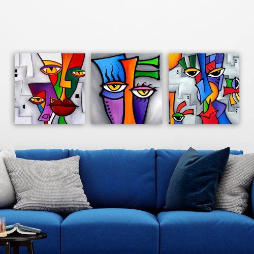 Thomas C. Fedro dekoratív vászonfestmény (3 db) - "Arcok", 100% vászon, 30x90 cm teljes méret, 100% fa keret (3 cm vastag) | Modern dekorációhoz tökéletes