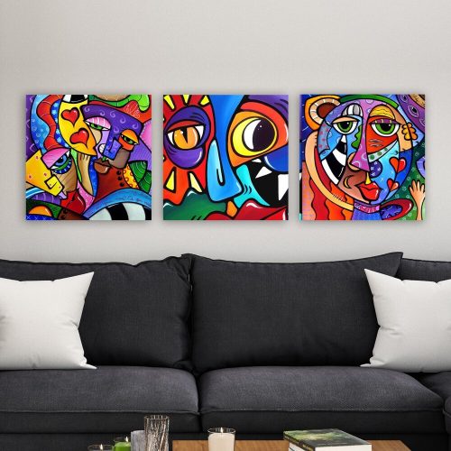 Thomas C. Fedro dekoratív vászonfestmény (3 db) - "Arcok", 100% vászon, 30x90 cm teljes méret, 100% fa keret (3 cm vastag) | Modern dekorációhoz tökéletes