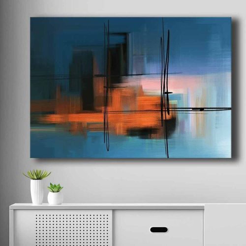 Lenyűgöző dekoratív vászonfestmény, 70 x 100 cm | 100% vászon (2,8 mm) és fenyőfa keret (22 mm) | Élénk kék, narancssárga, rózsaszín és fekete színek a modern dekorációhoz