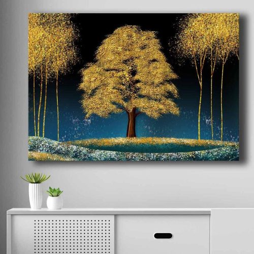 Elegáns dekoratív vászonfestmény, 70 x 100 cm | 100% vászon (2,8 mm) és fenyőfa keret (22 mm) | Kék, sötétkék, arany és barna színek a stílusos lakberendezéshez