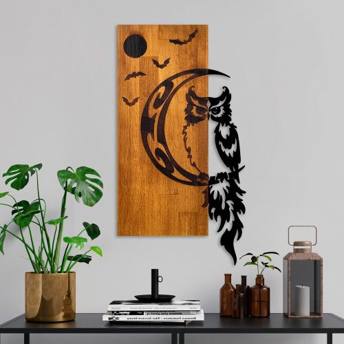 Elegáns dekoratív fa falkiegészítő, dió és fekete, 36 x 66 x 3 cm | 100% fa (3 cm) és fém (1,5 mm) | Egyedi dizájn a stílusos lakberendezéshez