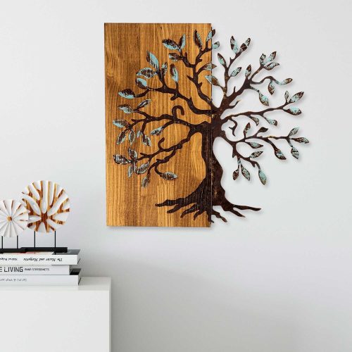 Kézzel festett dekoratív fa falkiegészítő, 58 x 58 cm | 100% fa (3 cm) és fém (1,5 mm) | Egyedi dió-barna kivitel, tökéletes otthoni dekorációhoz