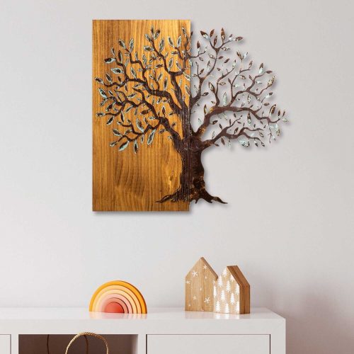 Kézzel festett dekoratív fa falkiegészítő, 60 x 58 x 3 cm | 100% tömör fa (3 cm) és fém (1,5 mm) | Egyedi művészet lakberendezéshez, természetes változatok