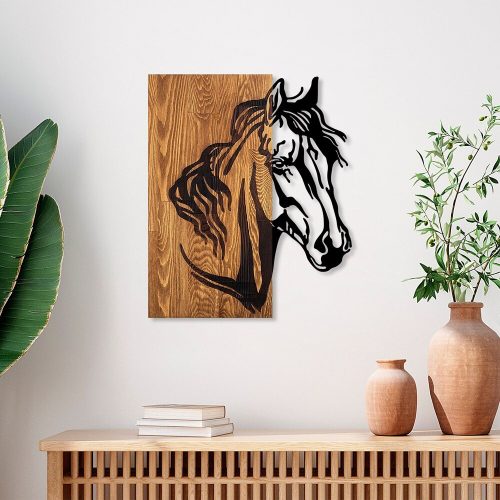 Elegáns dekoratív fa falkiegészítő, dió és fekete, 48 x 57 cm | 100% fa (3 cm) és fém (1,5 mm) | Egyszerű falra szerelés a stílusos lakberendezéshez