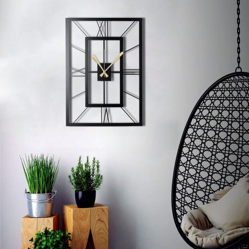 Elegáns fekete dekoratív fém falióra, 49 x 34,5 cm | 100% fém (2 mm) | Csendes mechanizmus, egyszerű fali rögzítés | Stílusos kiegészítő bármilyen helyhez