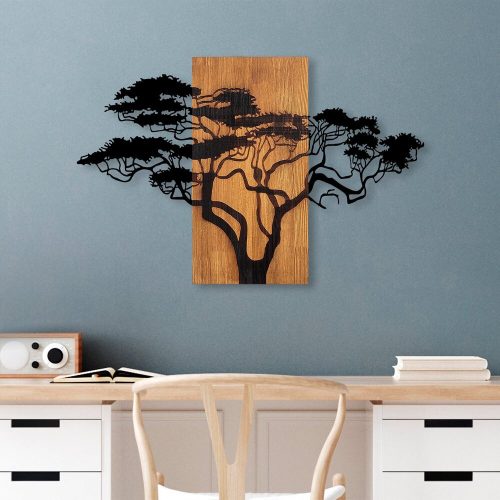 Elegáns dekoratív fa falkiegészítő, 90 x 58 cm | 100% valódi fa (3 cm vastag) és fém | Egyedi dió-fekete dizájn, tökéletes otthoni dekorációhoz
