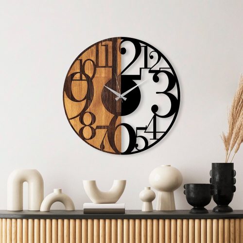 Elegáns dekoratív fa falióra, 56 x 3 x 56 cm | 100% fa és fém, csendes mechanizmus | Egyedi dió-fekete kivitel, bármilyen helyiségbe tökéletes
