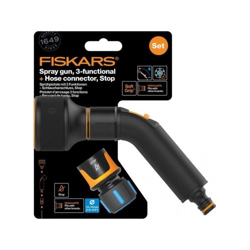 Fiskars Comfort locsolópisztoly, 3 funkciós + CF tömlőcsatlakozó 13-15mm, STOP