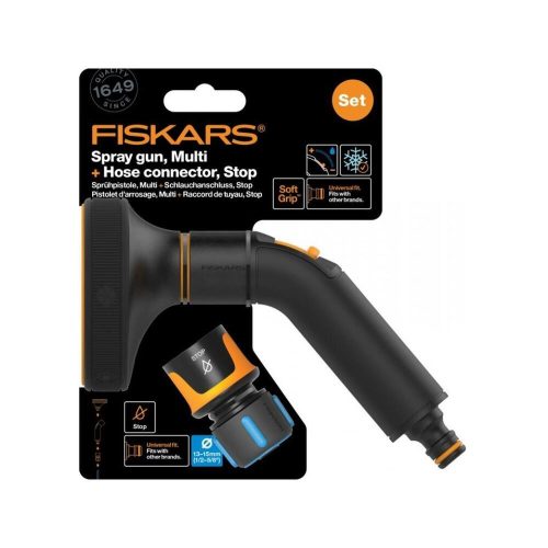 Fiskars Comfort locsolópisztoly, multi + CF tömlőcsatlakozó 13-15mm, STOP