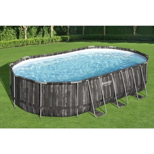 Bestway fémvázas medence szett, ovális, 6,10 x 3,66 x 1,22 m, 12V 3.8 m3/h szurovel, létrával, takaróval, talajtakaróval