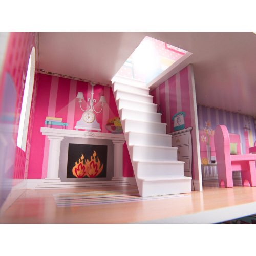 MDF fából készült babaház + bútor 70cm rózsaszín LED