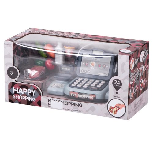 Interaktív pénztárgép, szkenner, mérleg, kosár, érmék, mikrofon, fény, hang