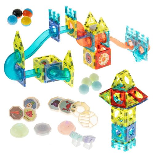 Mágneses márványkockák, világító golyópálya, 75 darabos
