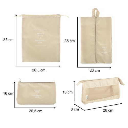 8 darabos bőröndszervező utazókészlet, ruhatároló kiegészítők, vízálló táskák, kozmetikai táska, cipőtáska, bézs