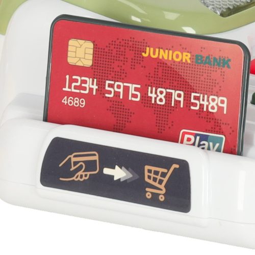 Gyerek pénztárgép szupermarketbe, szkennerbe, számológépbe, tartozékokkal, 36 db-os kosár.