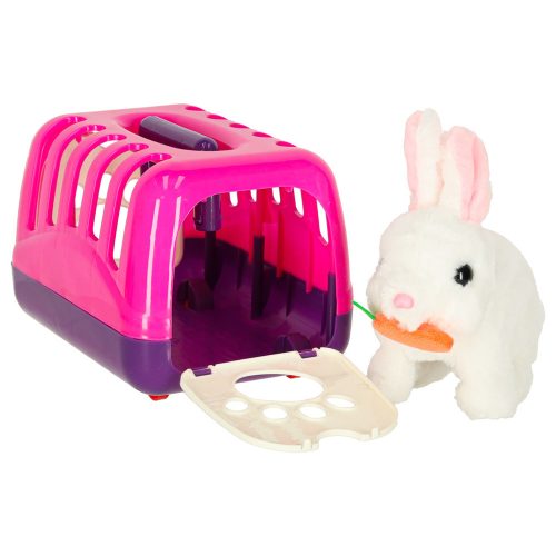 Plüss nyuszi répával sétál és mozgatja a füleit