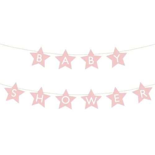 Babaváró buli banner felirattal, világos rózsaszín csillagokkal, 290cm x 16,5cm